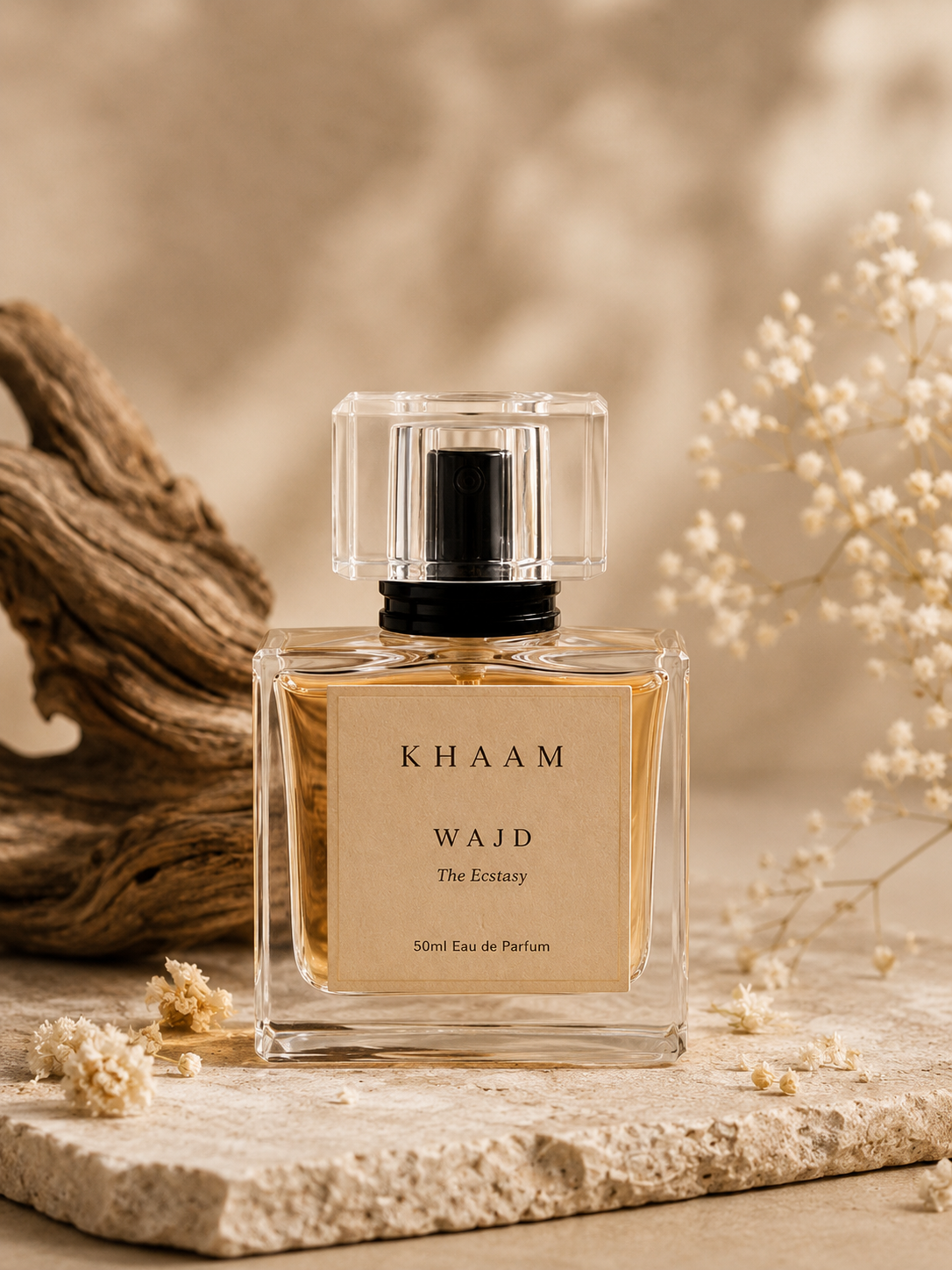 A 50ml bottle of KHAAM WAJD 'The Ecstasy' Eau de Parfum, featuring a clear glass bottle with amber liquid and a beige label, styled on a stone slab with dried flowers and driftwood.
